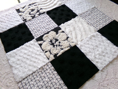 trendy tuxedo b&w chenille fabric squares, set of 16 vintage black and white quilt blocks 6" ea, great textures for crafts, quilting