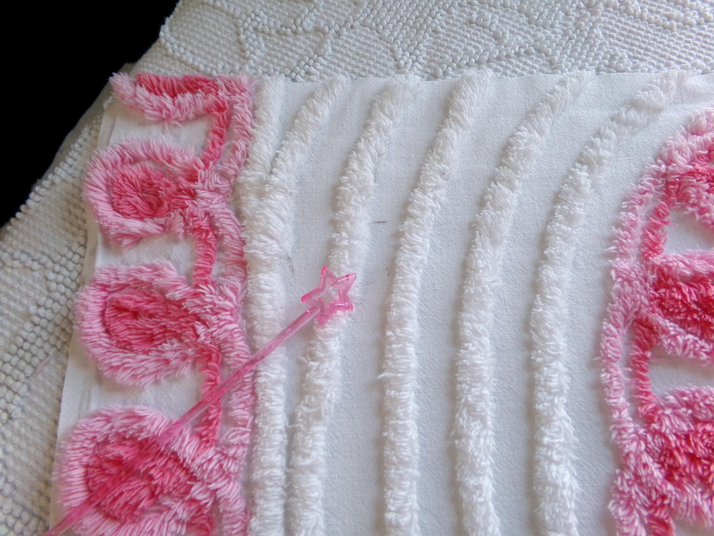 pink heart vintage chenille fabric, shabby cute rose trio on white, 24" x 23" piece of sewing material for pillows, quilts, wall hanging