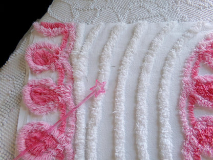 pink heart vintage chenille fabric, shabby cute rose trio on white, 24" x 23" piece of sewing material for pillows, quilts, wall hanging