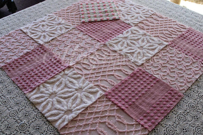 Prettiest Pink Quilt Squares, Daisy Rose Craft Square Set from Vintage Chenille Bedspread Fabric, 17 Blocks, 6" x 6" inch