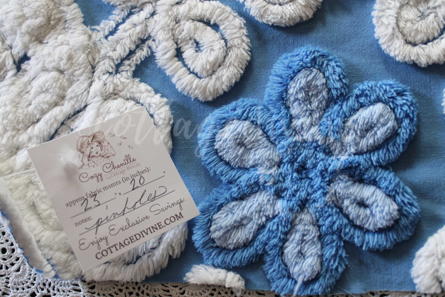 Blueberry Soft Snowdrops Vintage Chenille Fabric, 23" x 20" inch piece, for Pillows & Crafts