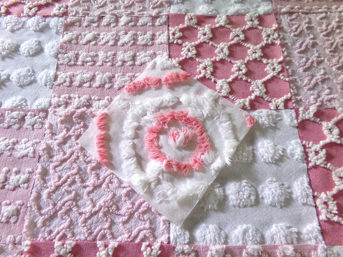 Must Luv Pink Quilt Squares Set from Vintage Chenille Bedspread Fabric, 17 Blocks, 6" x 6" inch