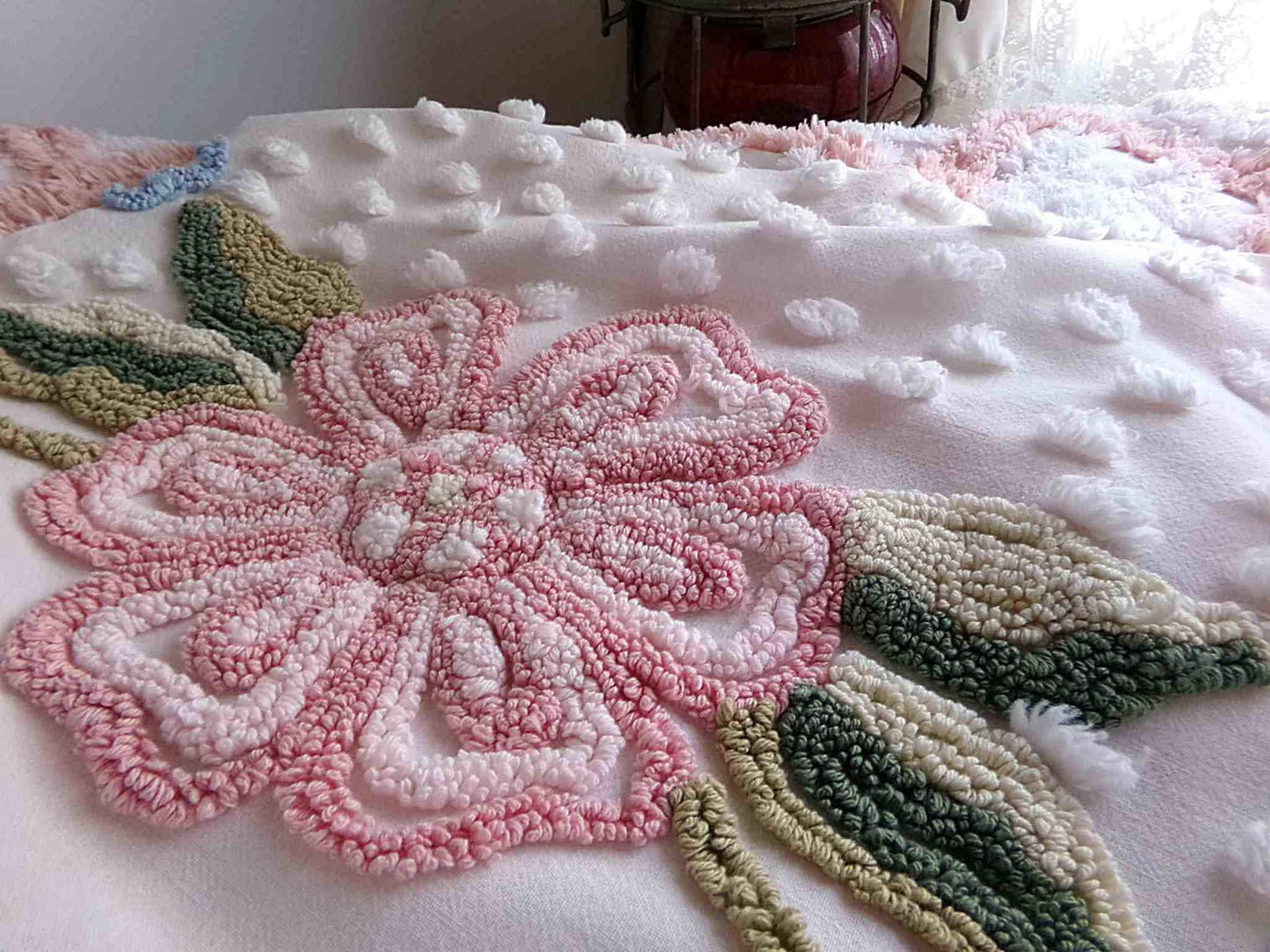 Lovely Spring Flowers Vintage Chenille Material, 29" x 25" inch Fabric Piece, Meadow Florals on White 100% Cotton, Pretty in pillows