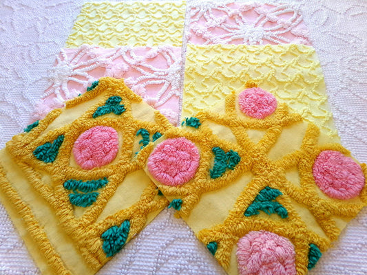 spring sun chenille fabric squares, 7.5" vintage quilt blocks, pink, gold, yellow floral & geometric, set of 6 for sewing, crafts, quilting