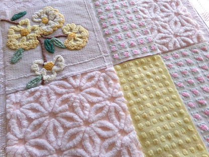 chenille fabric squares, set of 6 big 9.5" square quilt blocks from vintage chenille bedspreads, dainty daisy, pink rosebud, floral, dots