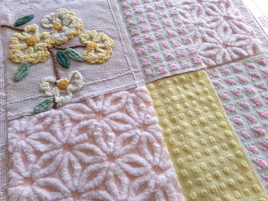 chenille fabric squares, set of 6 big 9.5" square quilt blocks from vintage chenille bedspreads, dainty daisy, pink rosebud, floral, dots
