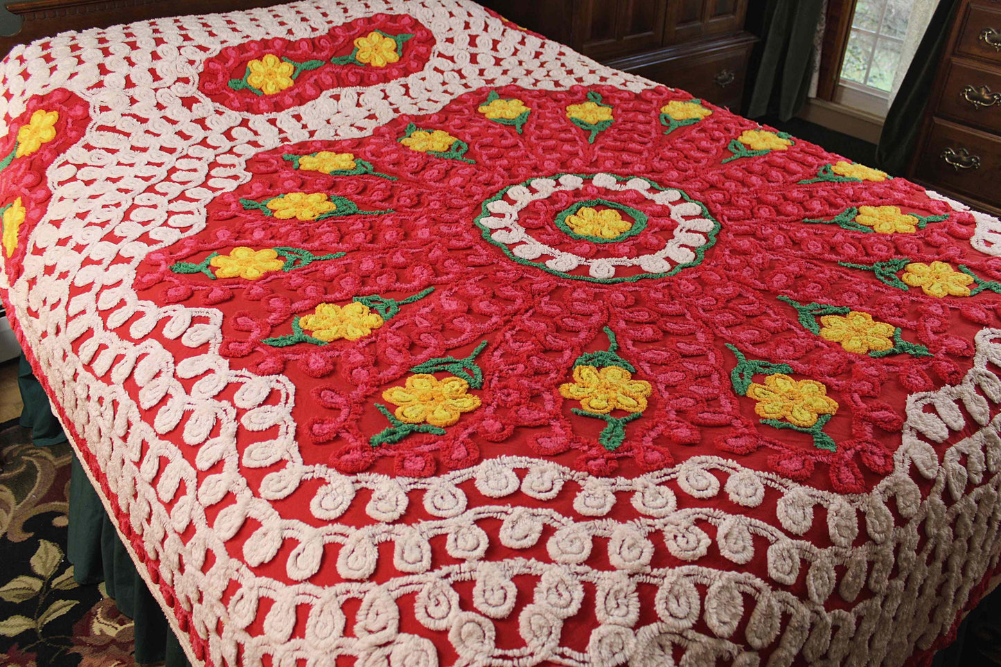 Flower Burst Chenille Bedspread, Vintage Midcentury Bedding in Sassy Bright Red with Hearts & Curlicues, FULL Size Bedding