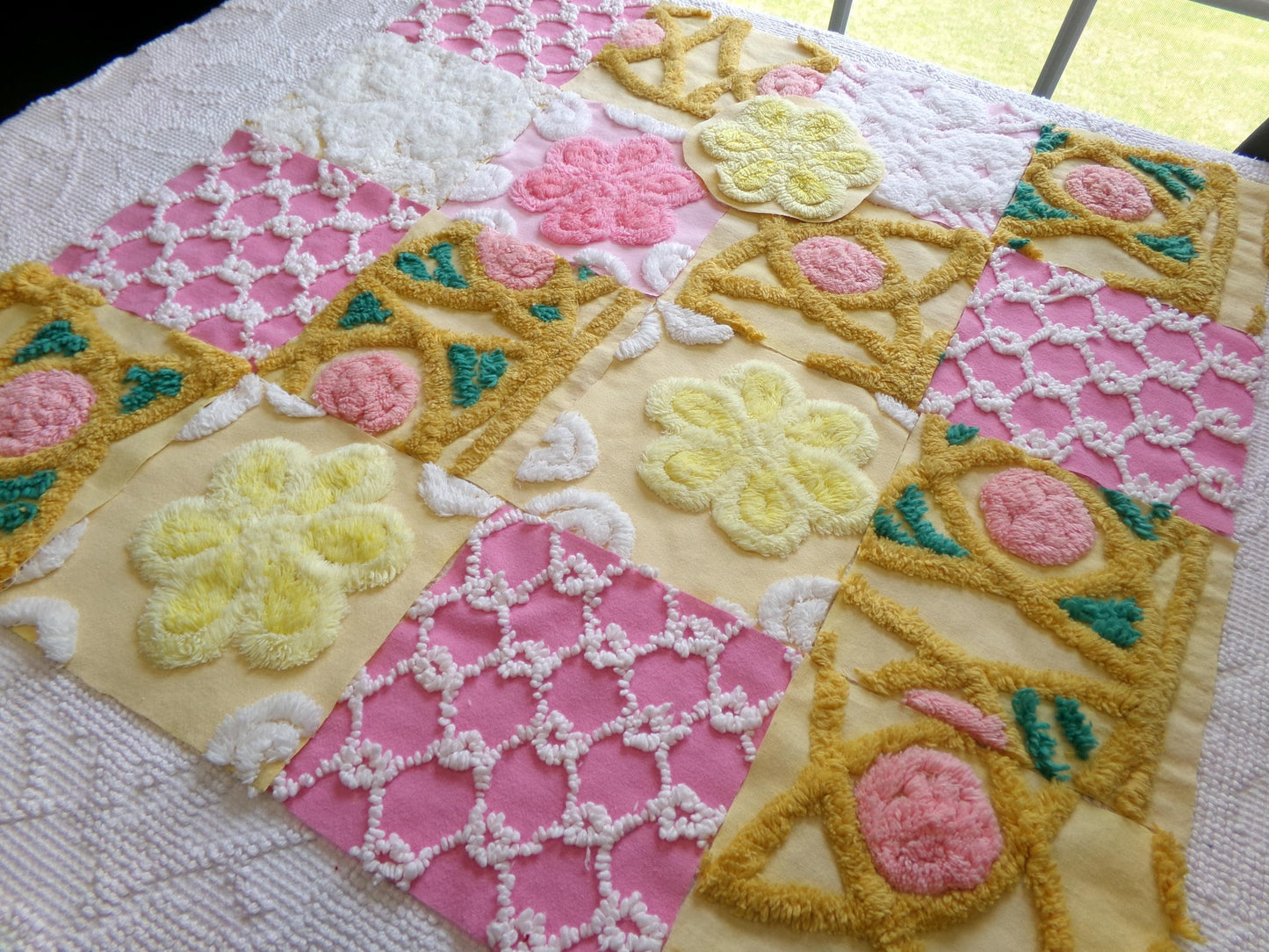 vintage chenille fabric squares, "secret garden" set of 16 floral 6" quilt blocks in yellow, rose pink, gold