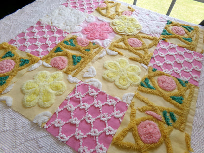 vintage chenille fabric squares, "secret garden" set of 16 floral 6" quilt blocks in yellow, rose pink, gold