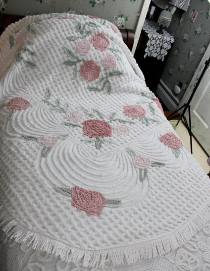 luxurious plush tufted chenille bedspread, muted natural roses, thick white grids, swags & accent fringe, vintage twin size cottage bedding