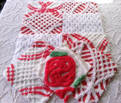 rose red & white chenille fabric squares, 7.5" vintage quilt blocks, set of 8 for sewing, Christmas crafts, quilting