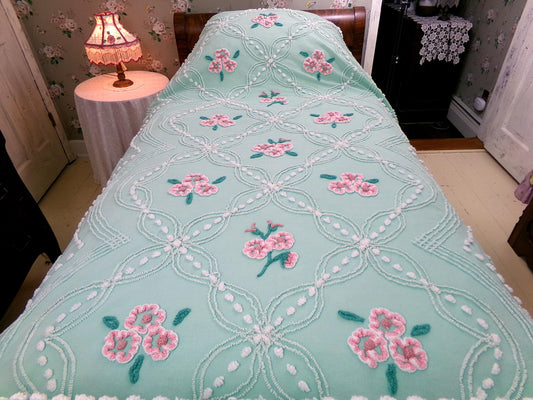 jade green pink rose vintage chenille bedspread, beautiful twin size shabby chic style bedding, great as a summer cottage coverlet
