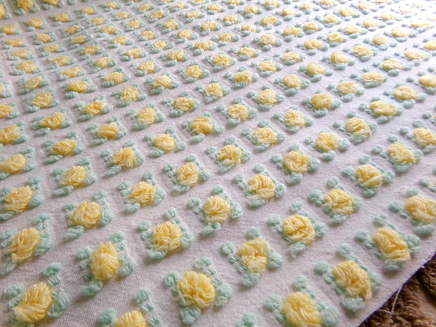 playful yellow rosebud vintage chenille fabric, cheerful lemon rose 18" x 24" inch piece of quilt fabric for sewing & crafts