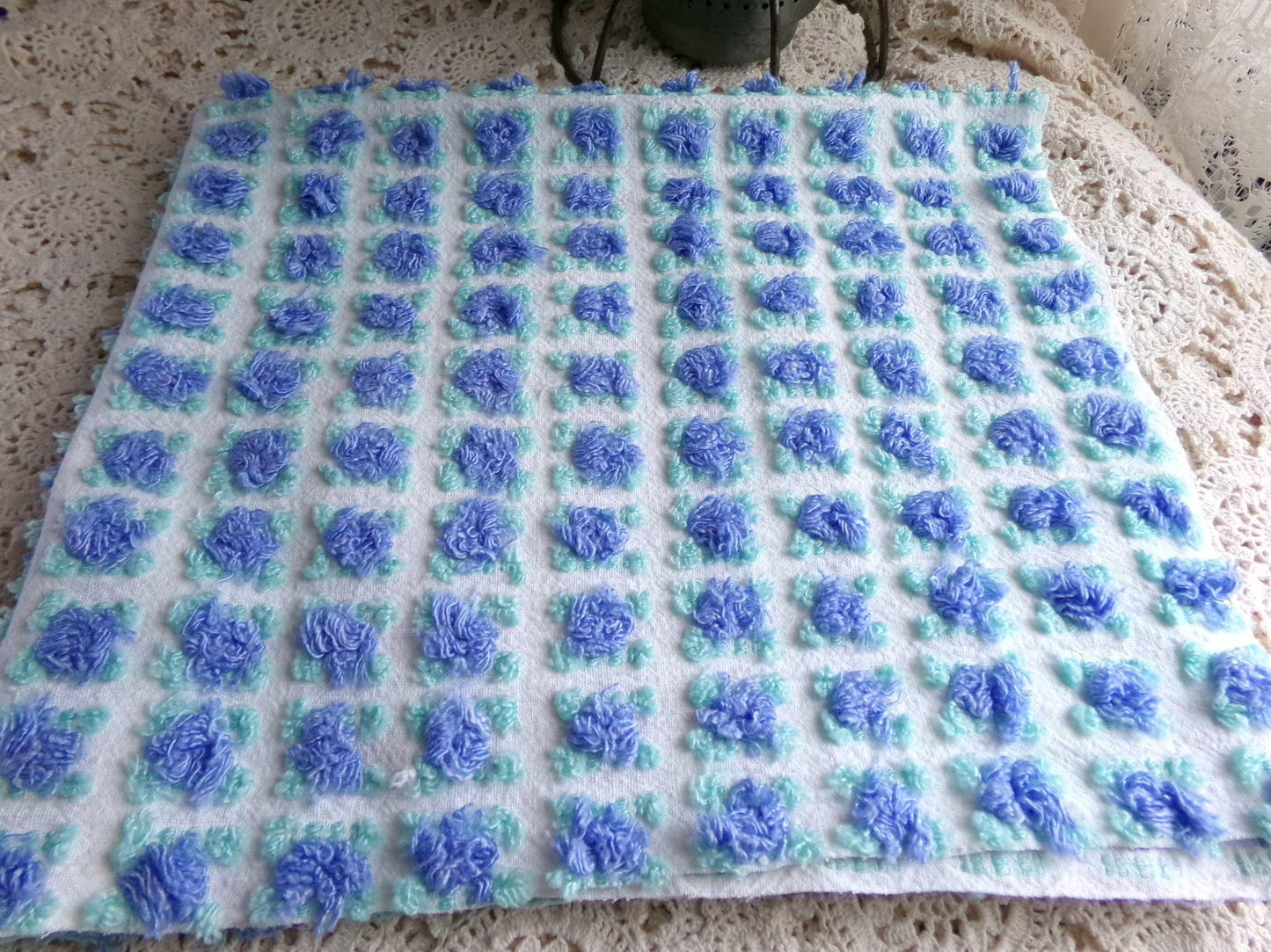 periwinkle blue rosebud chenille fabric, 20" x 24" inch piece cut from NOS vintage chenille bedspread, lovely blue roses quilt material