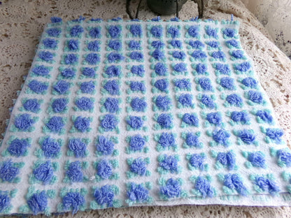 periwinkle blue rosebud chenille fabric, 20" x 24" inch piece cut from NOS vintage chenille bedspread, lovely blue roses quilt material