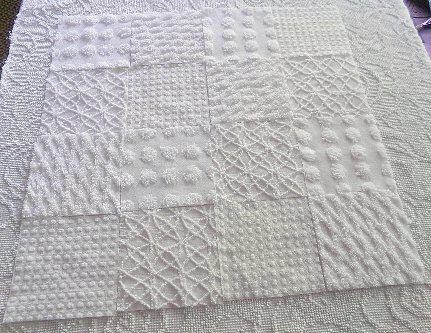 Snow White Chenille Fabric Squares Set, Rotary Cut from Vintage Bedspread Fabric, 16 Blocks, 6" x 6" inch ea, Dots, Pops, Diamond Patterns
