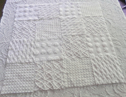 Snow White Chenille Fabric Squares Set, Rotary Cut from Vintage Bedspread Fabric, 16 Blocks, 6" x 6" inch ea, Dots, Pops, Diamond Patterns