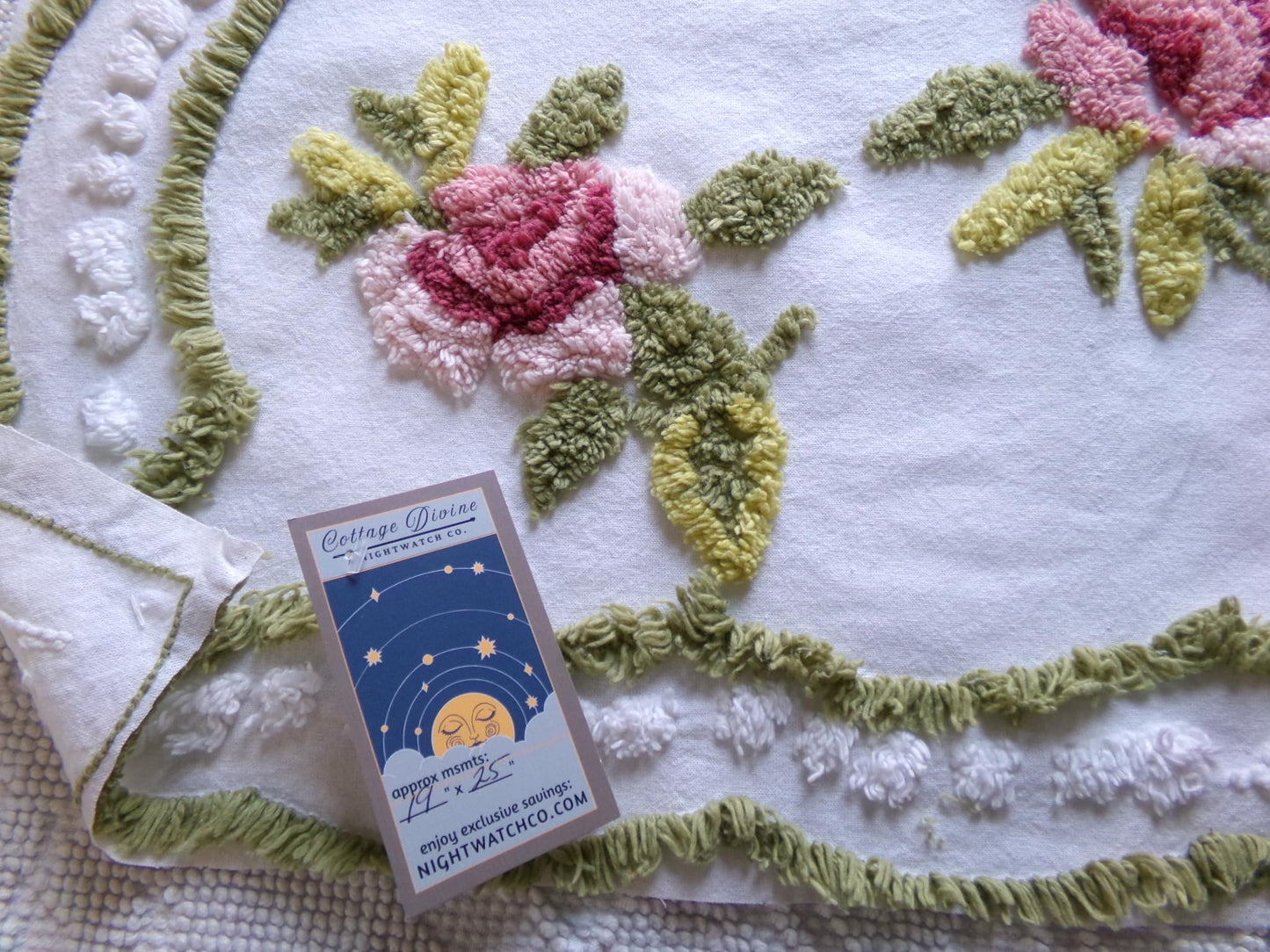 victorian style rose vintage chenille fabric, 19" x 25" inch piece of cotton sewing material, great for pillows & crafts