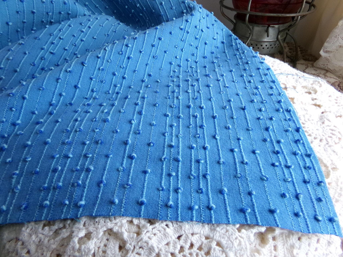 baby raindrops vintage woven chenille fabric, tiny marbleized raised blue dots, great texturized sewing material, 20" x 24" cut piece