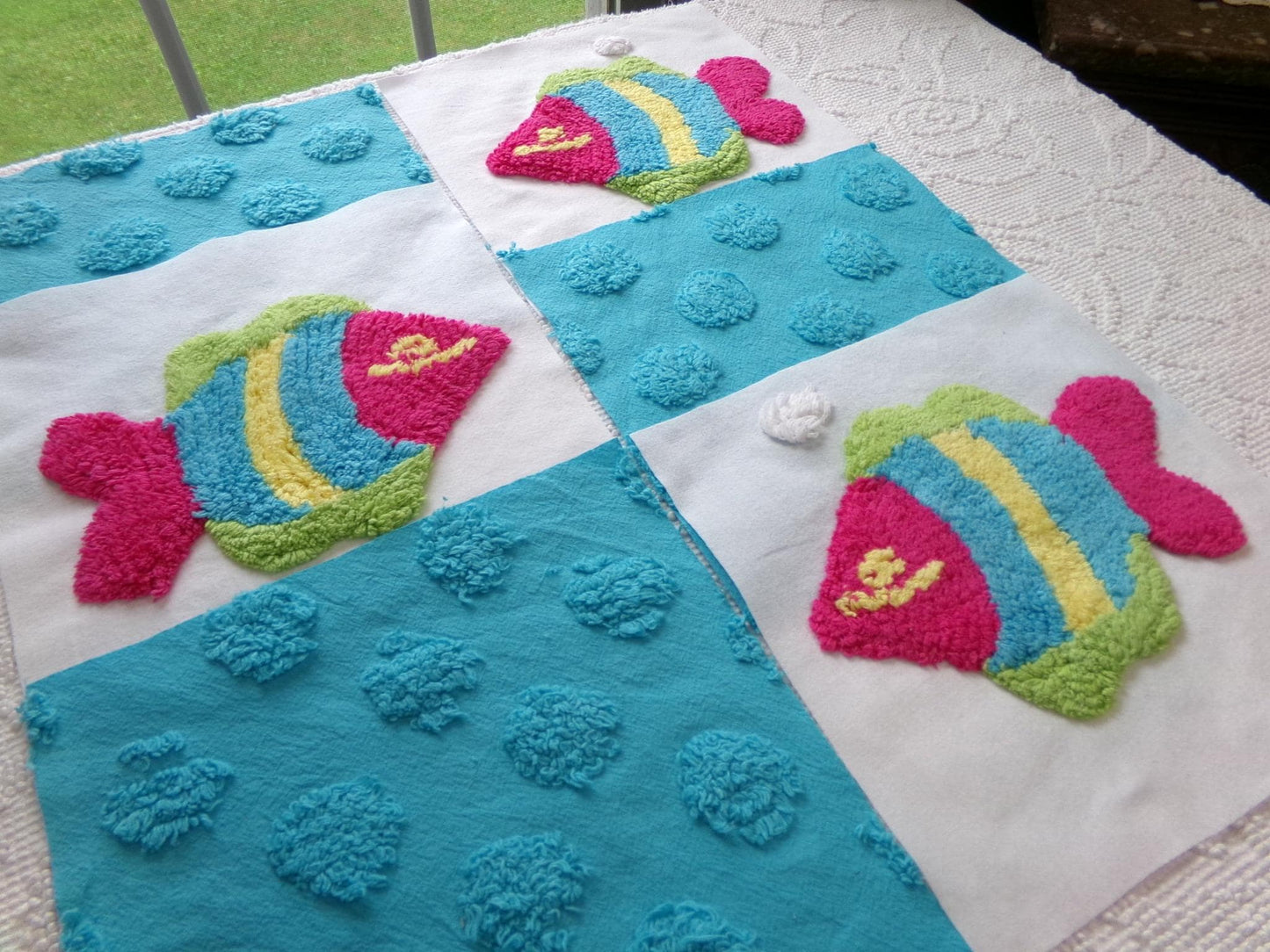 fish fiesta chenille fabric squares, set of 6 large 9.5" square quilt blocks, colorful fishies & bright coin dots
