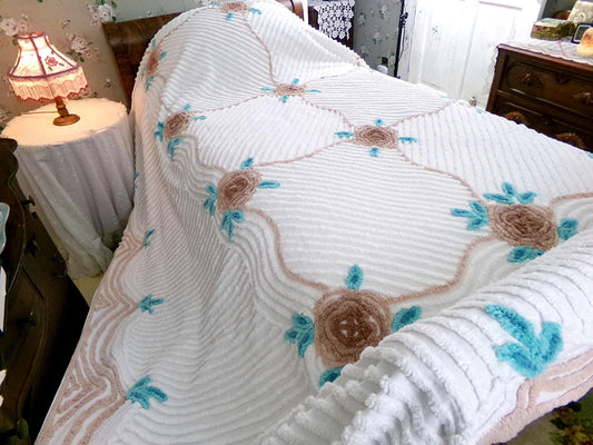 shabby rose chenille bedspread, vintage full size bedding, rose floral on white cotton