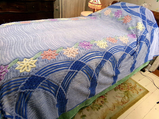 garden gate floral vintage chenille bedspread, twin size blue shabby chic style bedding with plush tufting, 100% cotton