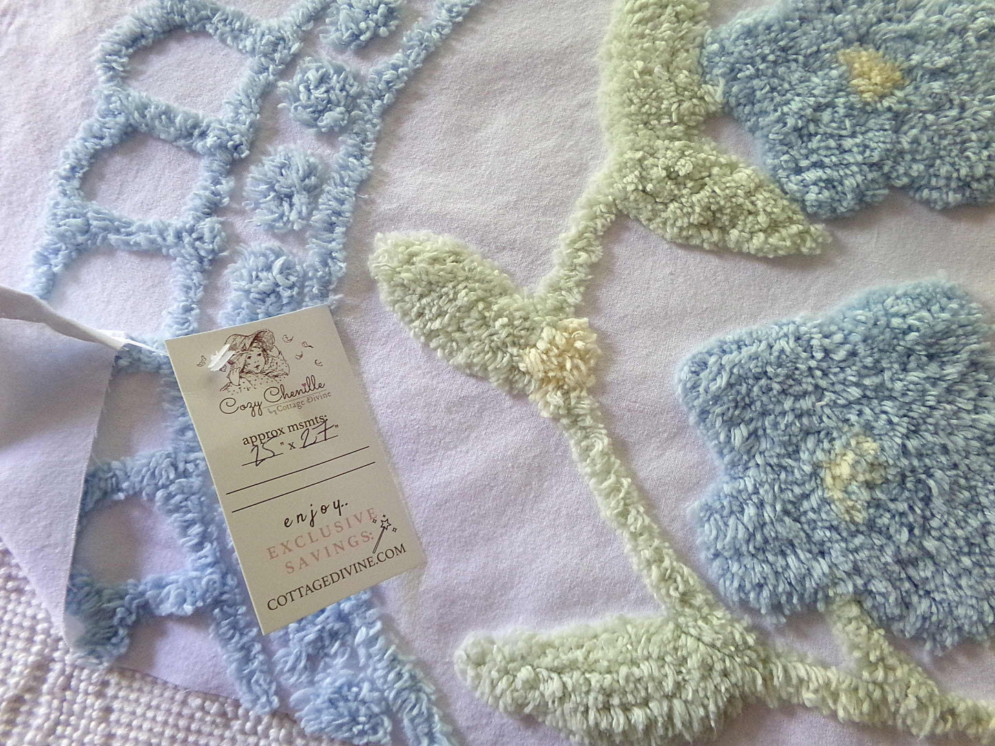 Vintage Style Floral Chenille Fabric, Blooming Blue Flowers, 25" x 27" inch Piece, 100% Cotton with Plush Tufting, Great for Pillows
