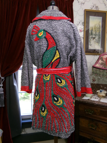 Vintage Chenille Peacock Robe, Short Length Bathrobe or Coverup, Salt 'n Pepper Black & White w/ Red Accents, Handmade
