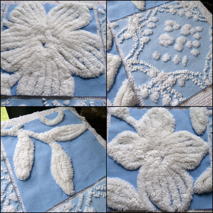 coastal breeze chenille fabric squares, set of 8 vintage 7.5" quilt blocks, blue geometric, white floral for sewing, crafts, quilting