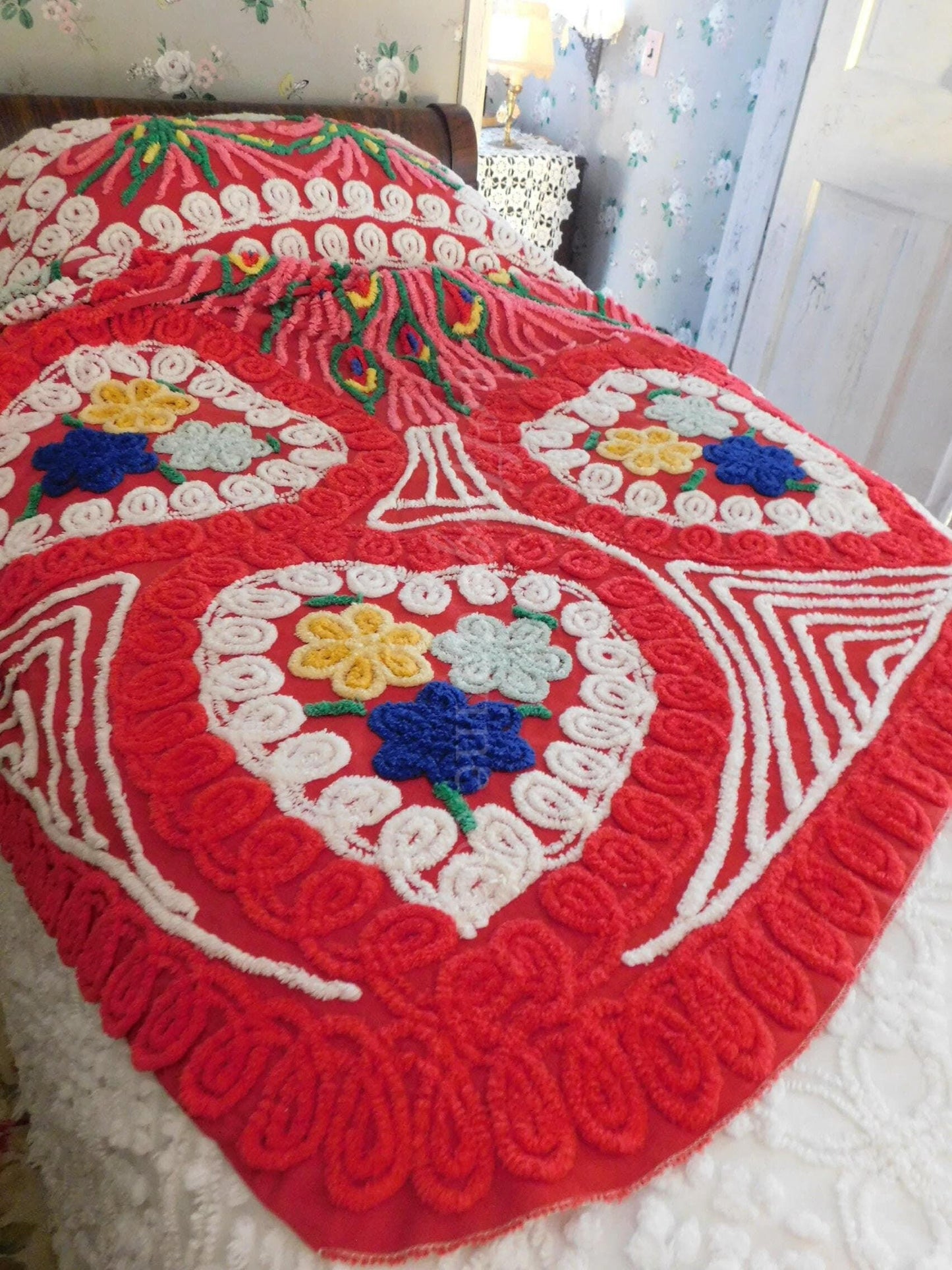 Love is all Around Vintage BOLD PEACOCK Chenille Bedspread, Full Size, Rainbow Red Rapture