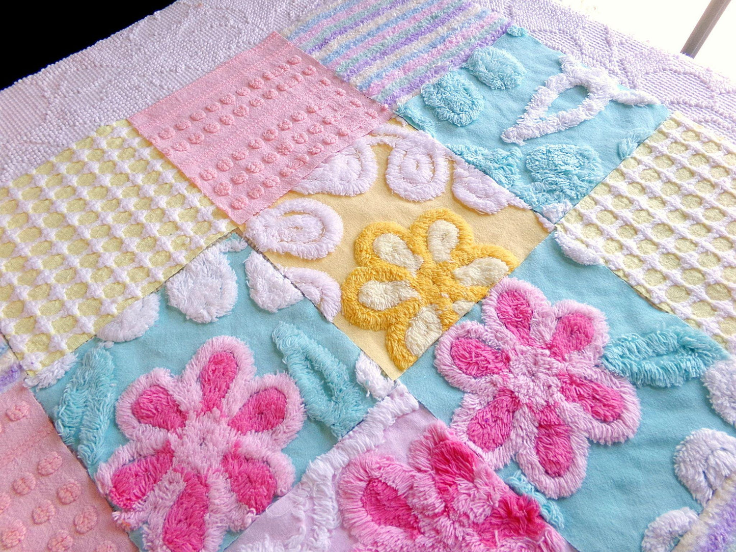 spring spirit chenille fabric squares, set of 16 pretty vintage pastel quilt blocks in rainbow pink, yellow, aqua florals & geometrics
