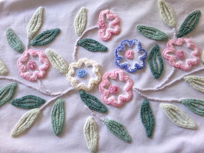 cottage style shabby pink & blue florals vintage chenille fabric, large 24" x 35" inch piece, so pretty for a pillow