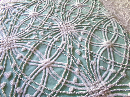 chic jade green vintage chenille fabric, white spider web design, 20" x 26" inch piece for quilting material & sewing