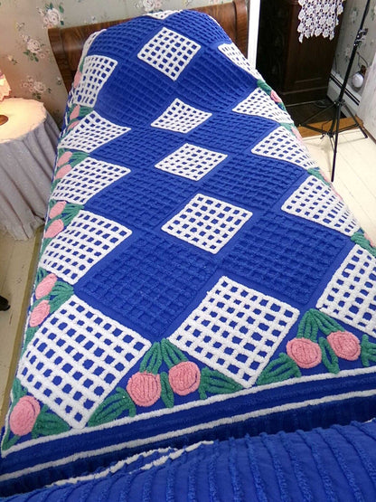 Regal Blue Vintage Chenille Bedspread, Pink Rosettes & White Waffle Tufts, Full Size