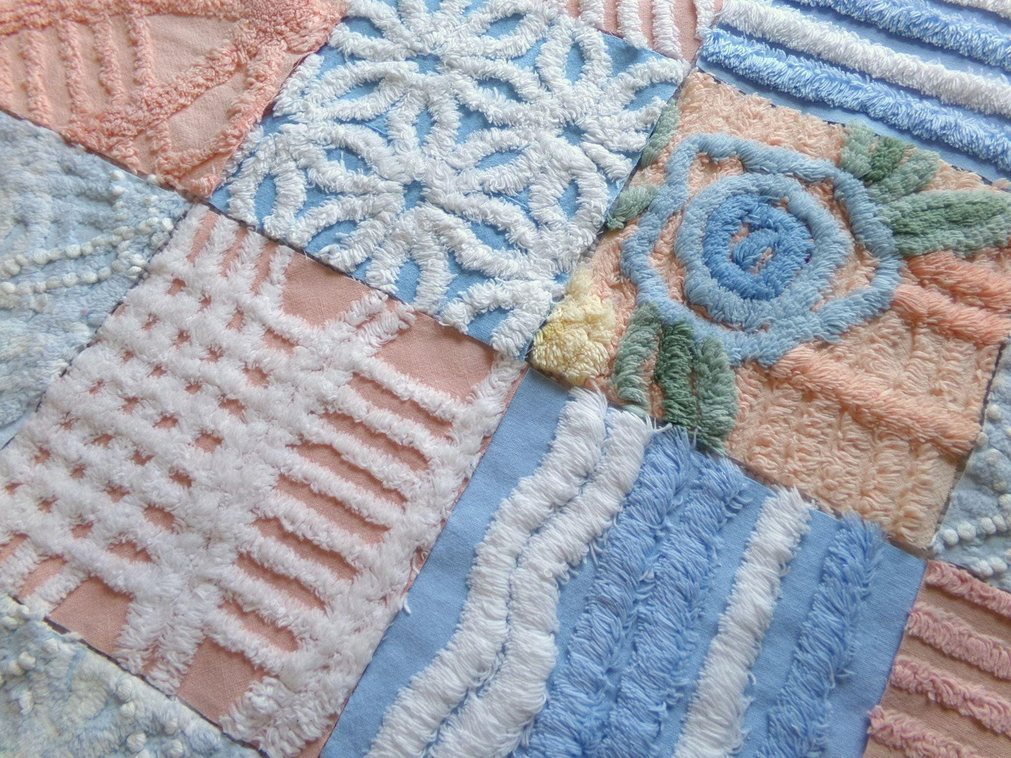 chenille 6" fabric squares, blue, peach & white plush quilt blocks, rotary cut from vintage chenille bedspreads, set of 16