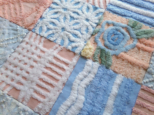 chenille 6" fabric squares, blue, peach & white plush quilt blocks, rotary cut from vintage chenille bedspreads, set of 16