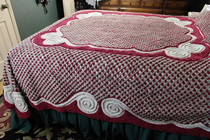Plush Luxury Chenille Bedspread, Exceptional Vintage Bedding in Ice Grey, Berry Red & Dove Gray, Heavyweight FULL Size Bedding