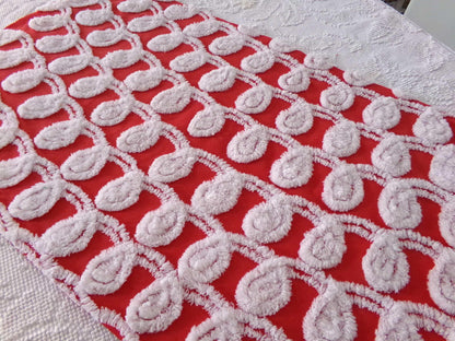 rare white curlicues on red fabric, 15" x 26" inch piece of vintage chenille bedspread material for sewing & quilting