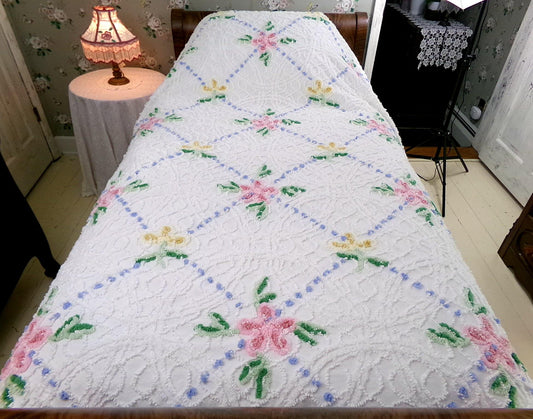 Shabby Chic Vintage Style Chenille Bedspread, Pink & Yellow Flower Design, Full Size White Cotton Bedding With Accent Fringe