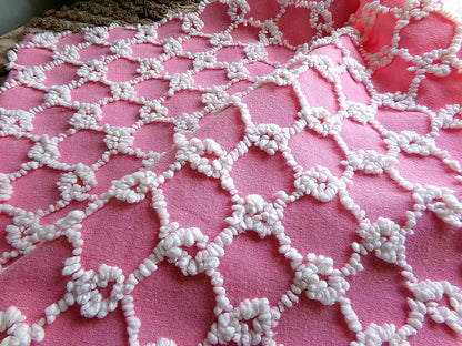 Chain Link Pink & White Vintage Chenille Fabric, Bates Texturized Needletuft Design, 18" x 24" inch Lightweight Piece