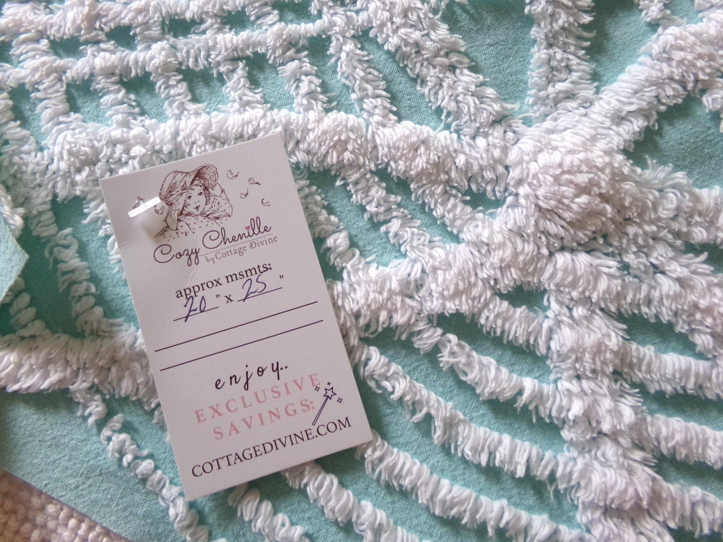 popular coastal aqua & white vintage chenille fabric, geometric chenille tufts, 20"x 25" inch piece of quilt sewing material