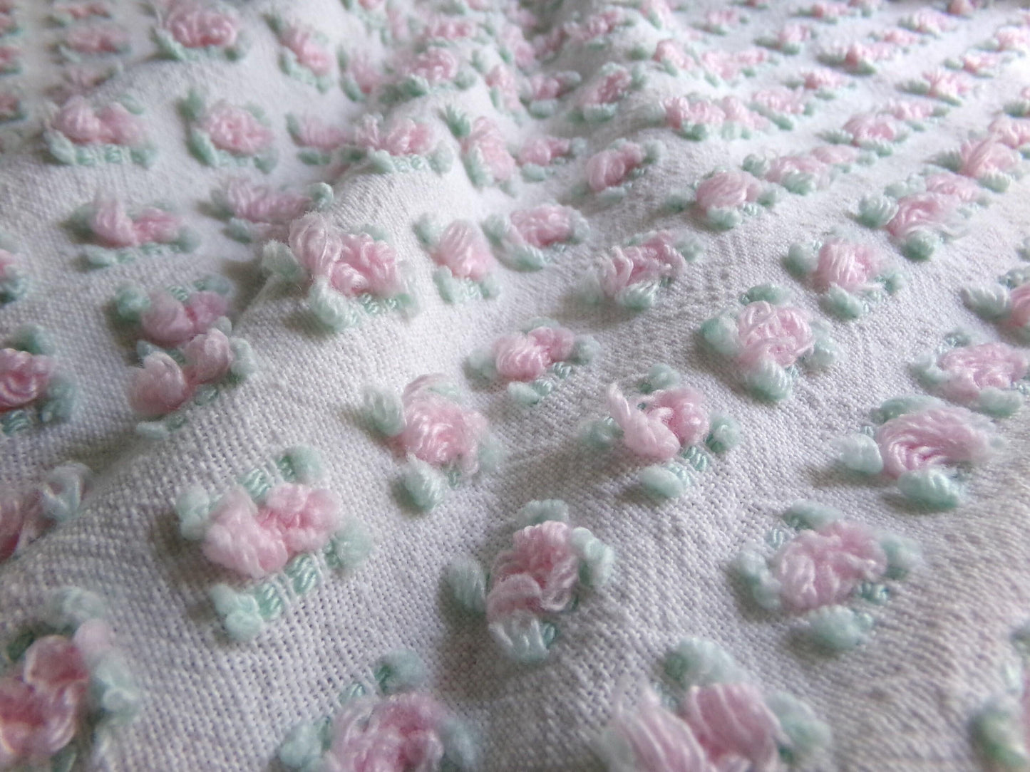 Tiny Tuft Pink Rosebud Vintage Chenille Fabric, 19" x 24" Inch Piece, 100% Lightweight Cotton, Lovely Mini Roses Pattern, Ideal in Quilts