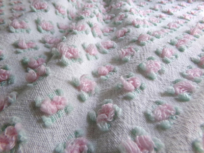 Tiny Tuft Pink Rosebud Vintage Chenille Fabric, 19" x 24" Inch Piece, 100% Lightweight Cotton, Lovely Mini Roses Pattern, Ideal in Quilts