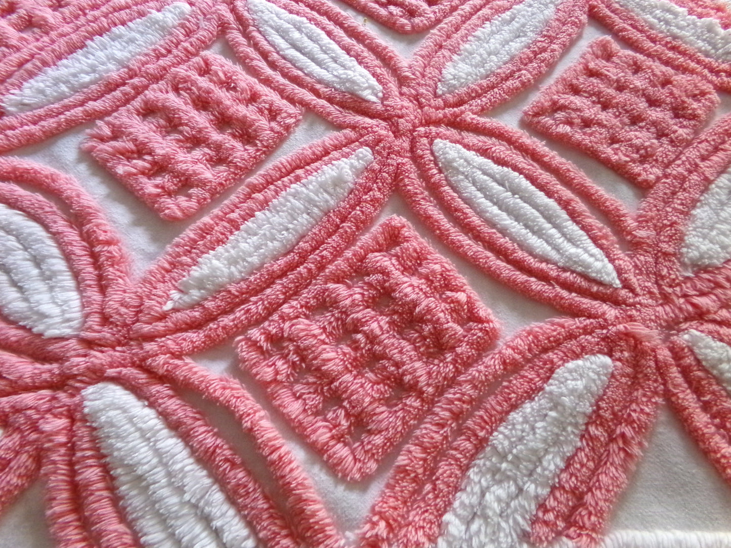 Plush Pink & White Vintage Chenille Fabric, 24" x 30" Inch Piece, 100% Cotton, Optic Wedding Ring Pattern, Great for DIY Pillows