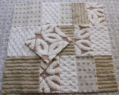Chenille Fabric Squares, Neutral Sand, Tan & White Craft Square Set from Vintage Bedspread Fabric, 16 Blocks, 6" x 6" inch