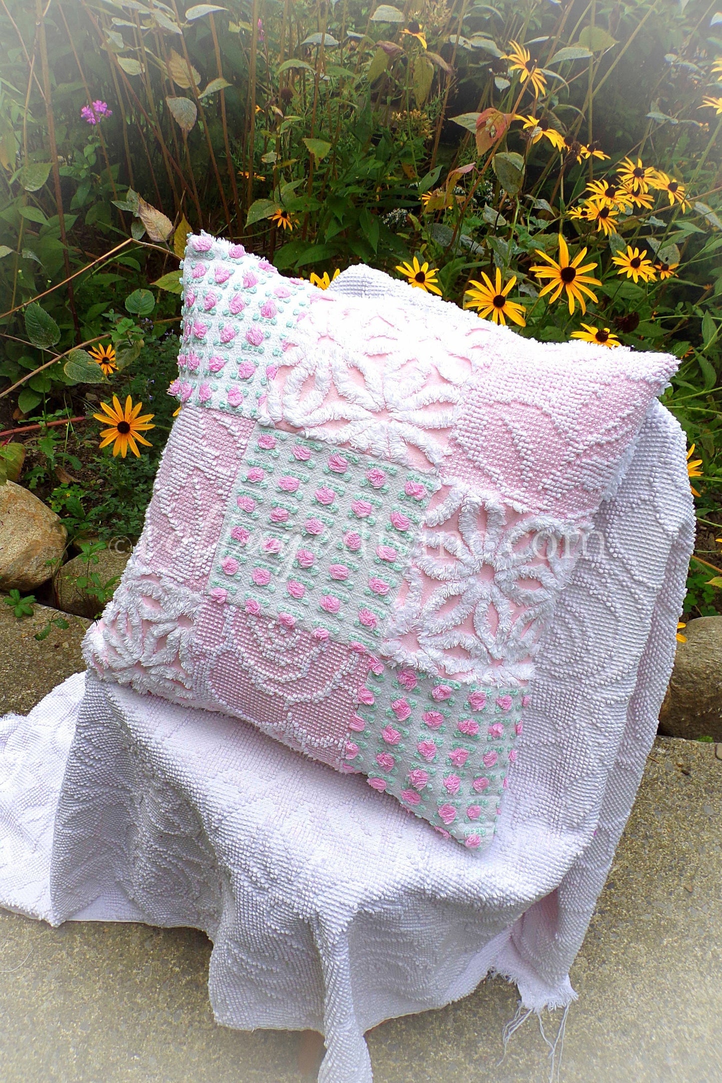 Cottage Fantasy Chenille Pillow Cover 16" x 16" inch Square, REVERSIBLE Patchwork Pink Accent Pillow from Vintage Chenille Bedspread Fabric