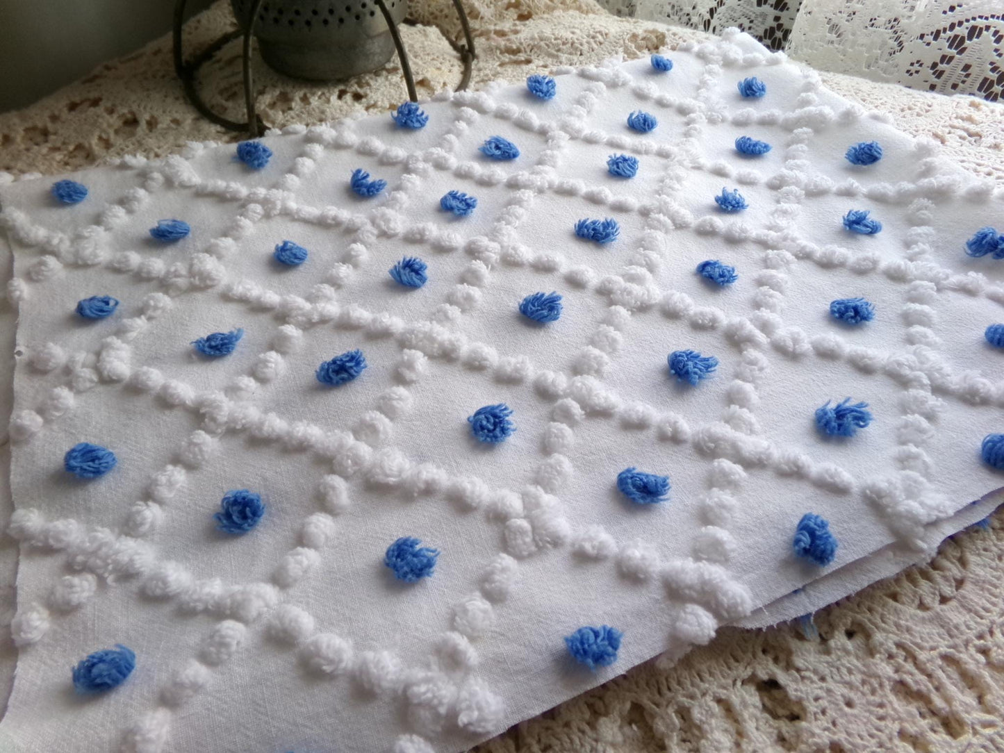 blueberry & white snowdrop pops chenille fabric, 18" x 26" inch piece of vintage sewing material for quilting, crafts