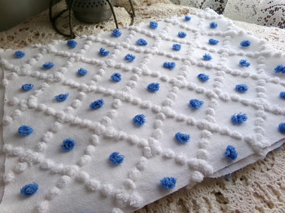 blueberry & white snowdrop pops chenille fabric, 18" x 26" inch piece of vintage sewing material for quilting, crafts