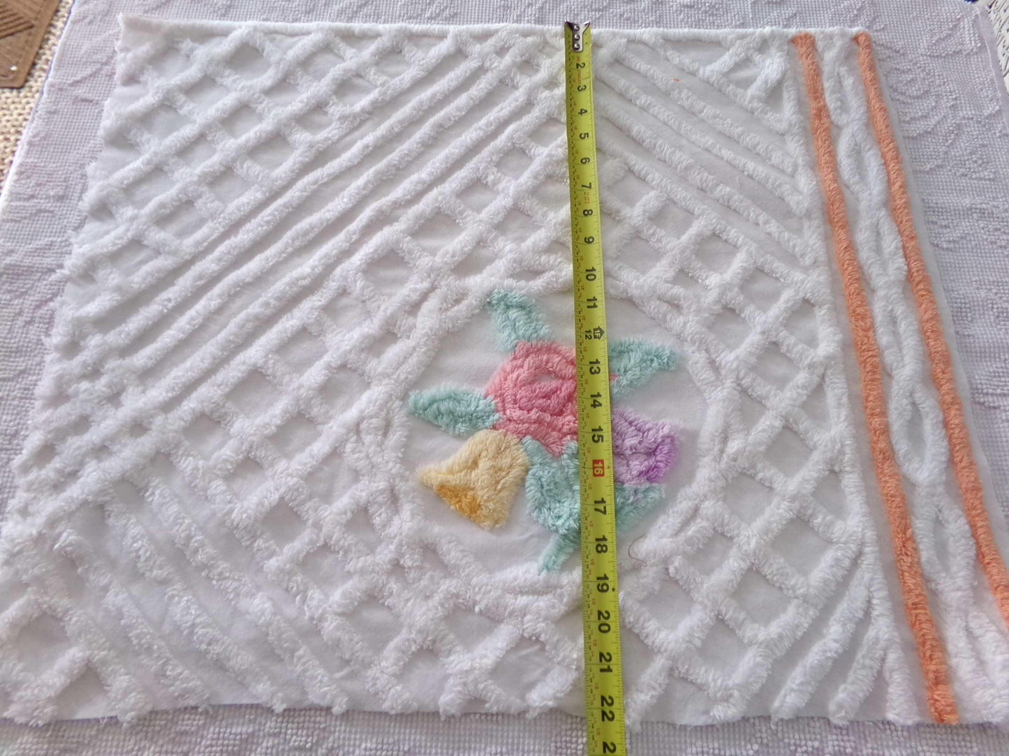 pastel springtime flower bouquet in tufted white webbed chenille, 21" x 25" inch vintage fabric piece