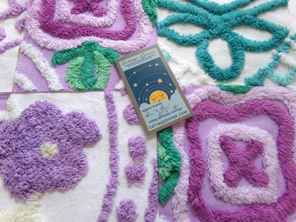 vintage chenille fabric squares: set of 16 lavender & lilacs, teal white cotton 6" quilt blocks